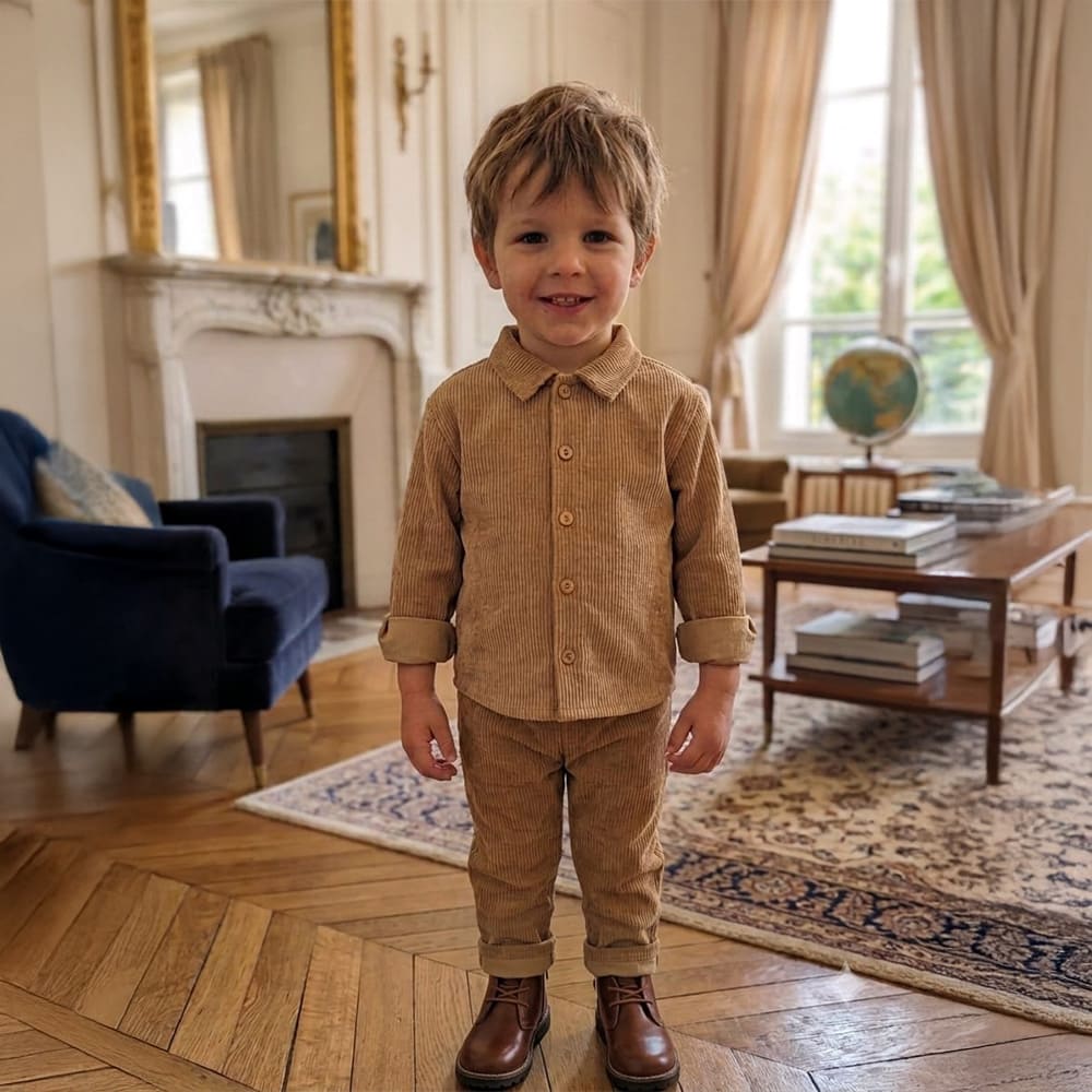 Petit garçon qui porte le pantalon velours marron Les Basique