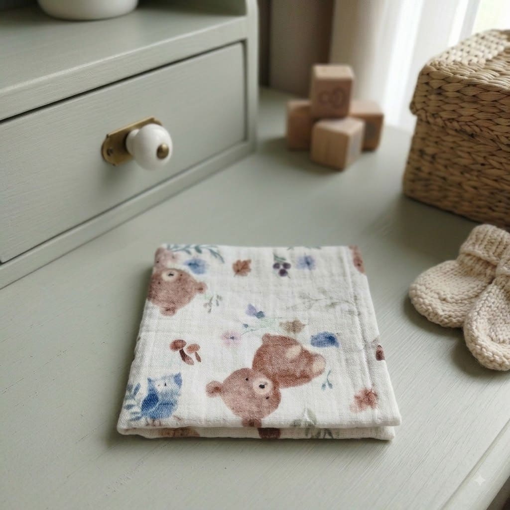 Langes en mousseline de coton pliés avec motifs d'oursons et de hiboux bleus sur un meuble en bois vert d'eau, style chambre de bébé.