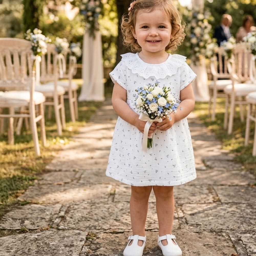 Robe Sacha portée par une petite fille, blanche à motifs gris foncés