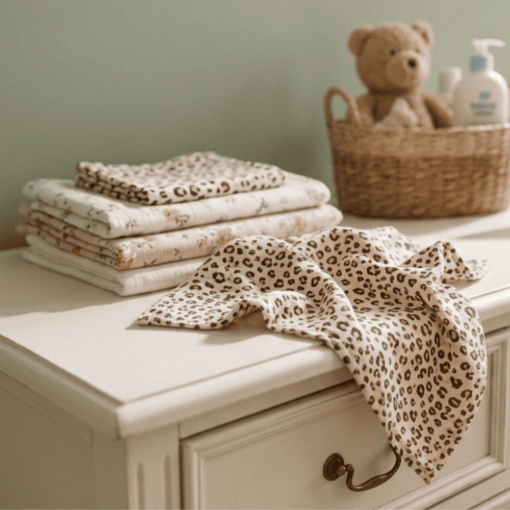 Petit lange en gaze de coton à motif Lépoard poé sur une commode en bois blanc, aux cotés de langes pliés et d'un panier en osier