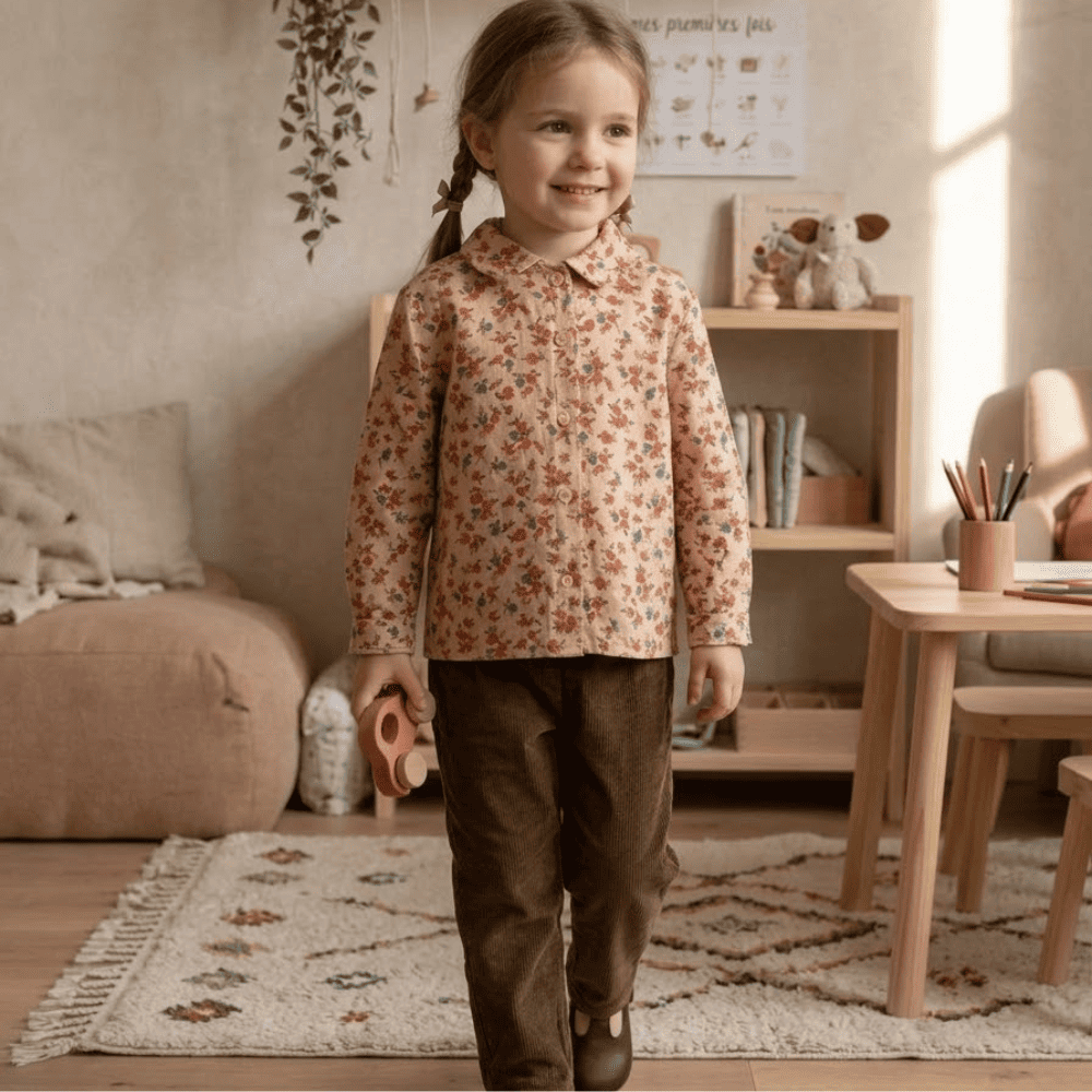 Petite fille portant la blouse Emmy, à motifs floral colorés
