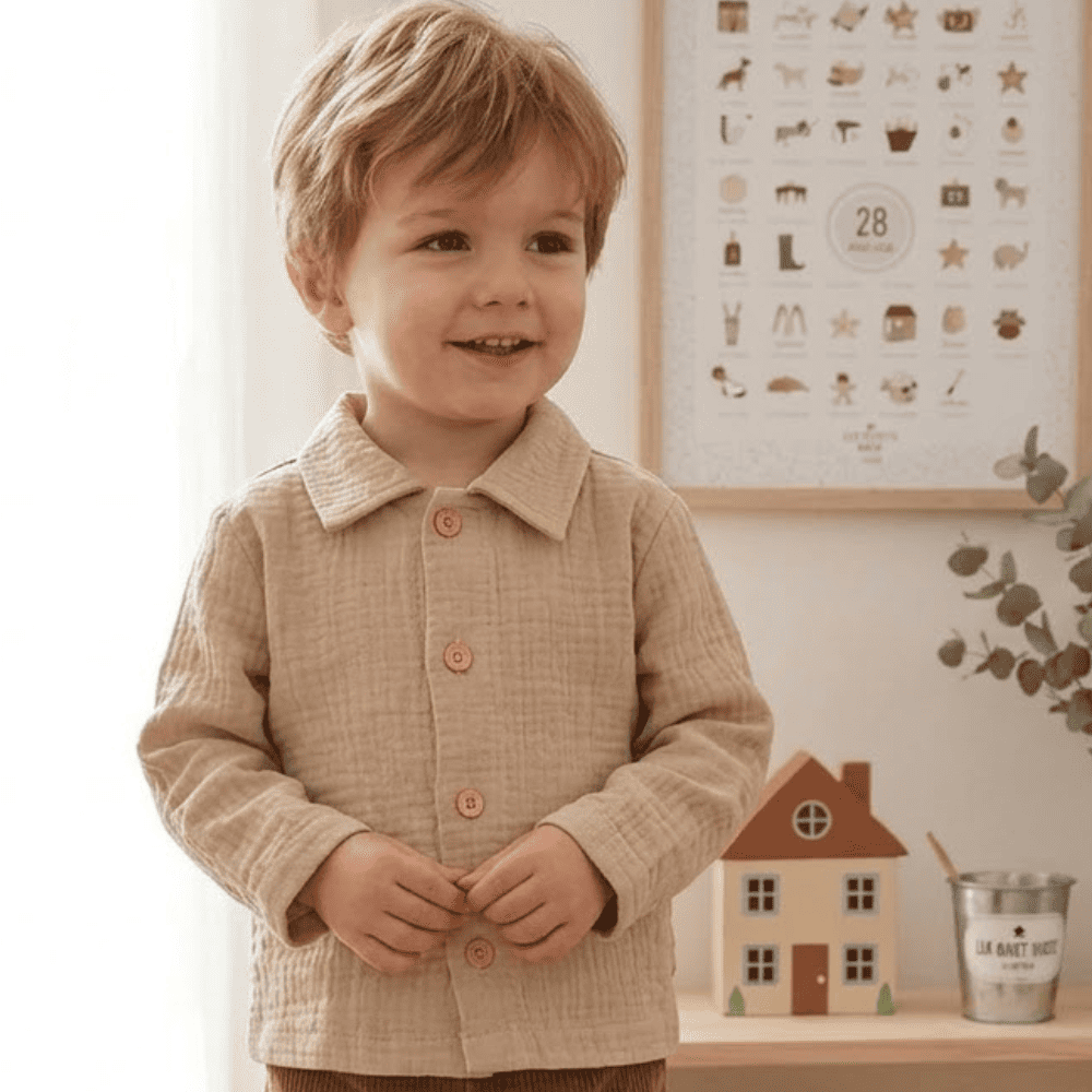 Petit garçon portant la chemise Elouan, couleur lin