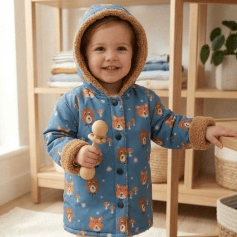 Blouson imperméable bleu avec pour motif des têtes de renard